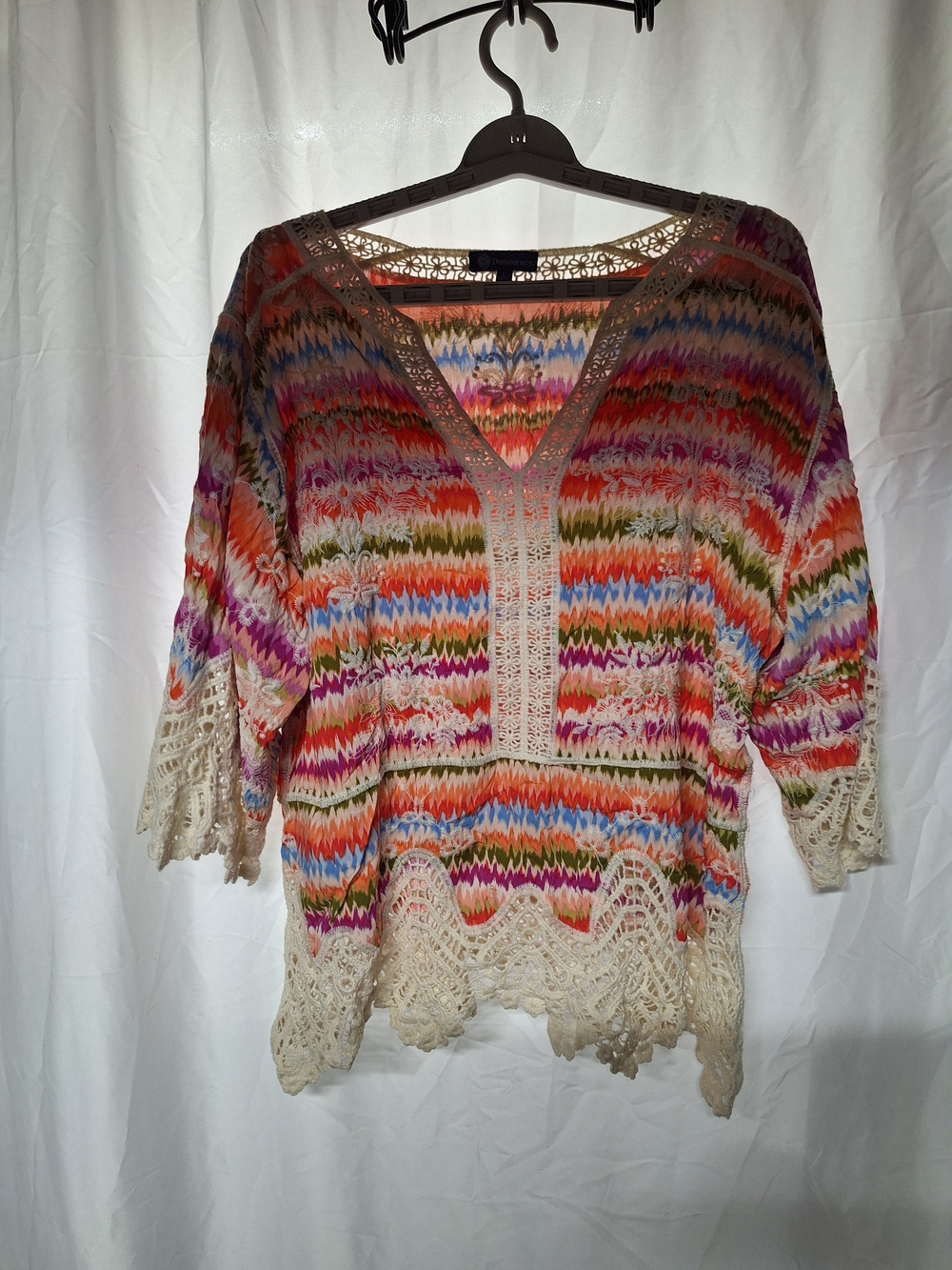 Crochet-Trim Multicolor V-Neck Women's Top